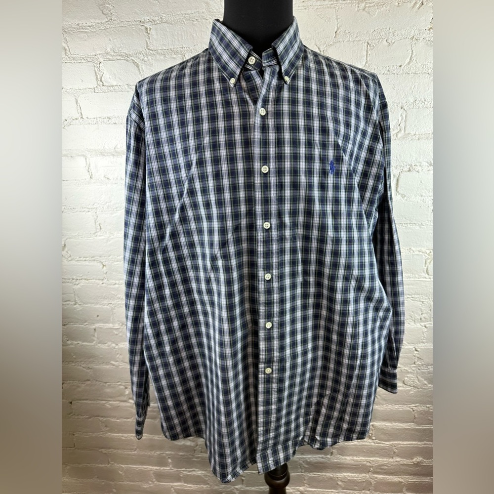 Ralph Lauren Blue and White Plaid Casual Button Down Shirt